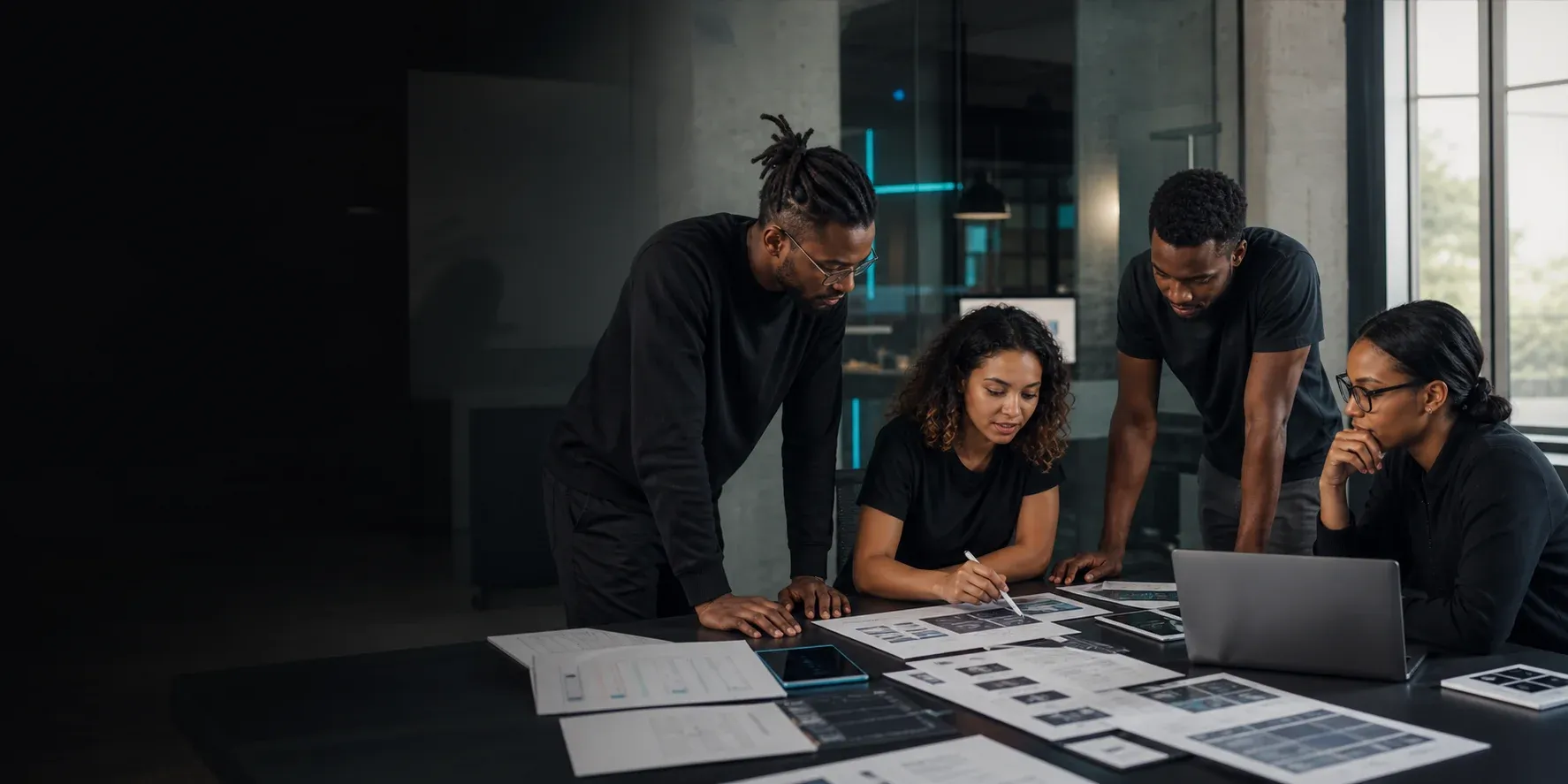 A product team collaborating in a modern technology studio